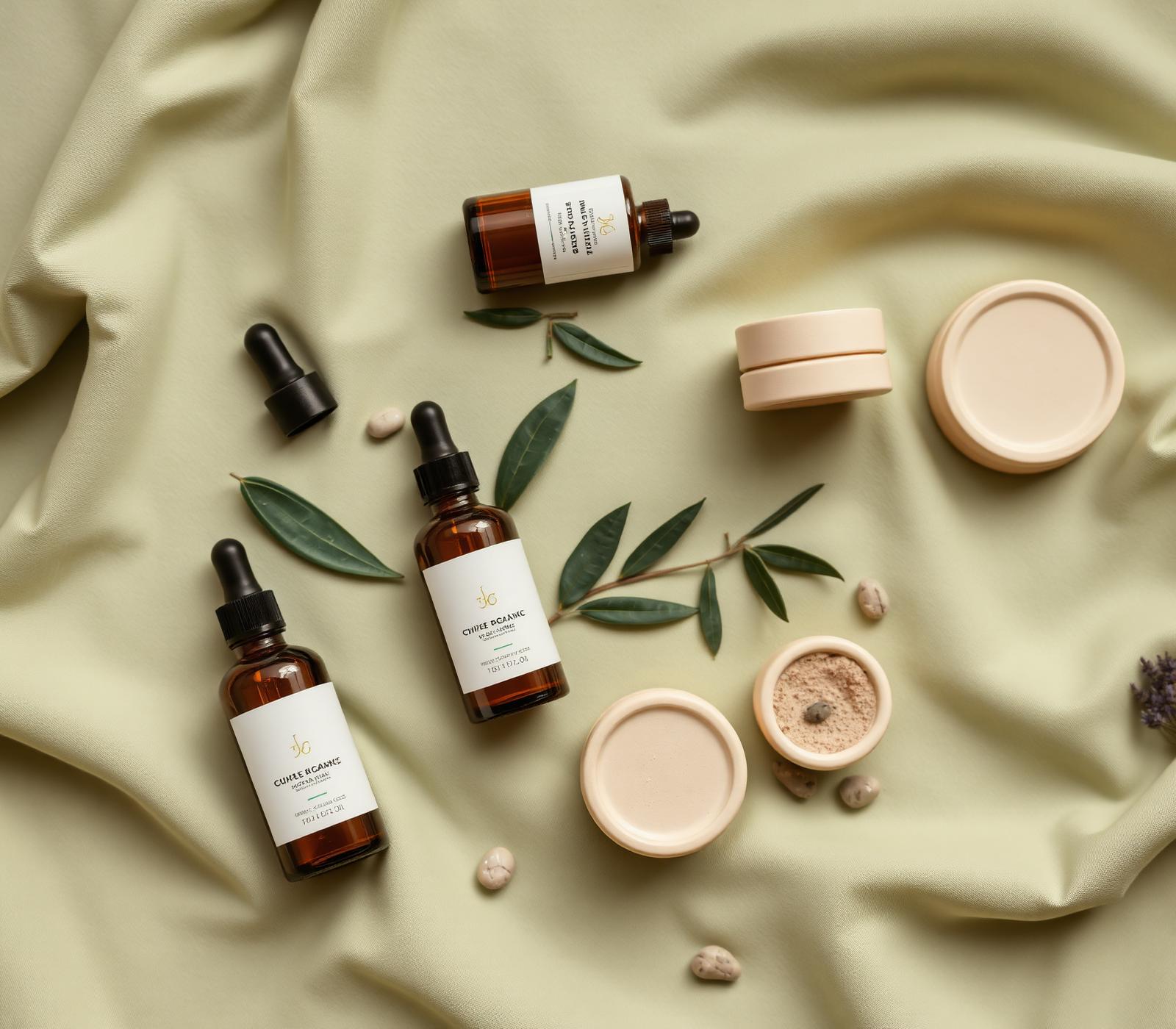 Campioncini di fitocosmetici bio E.BIOLAB con foglie botaniche
